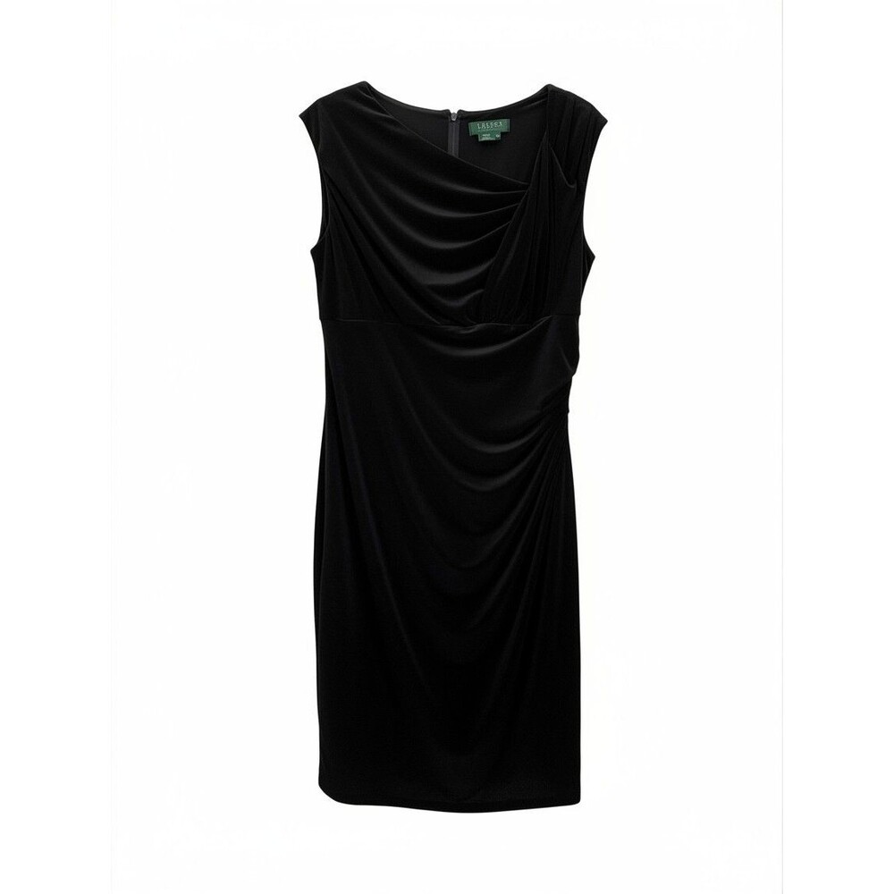 Lauren Ralph Lauren Black Draped Asymmetric Sheath Dress 12P Petite Wedding Chic